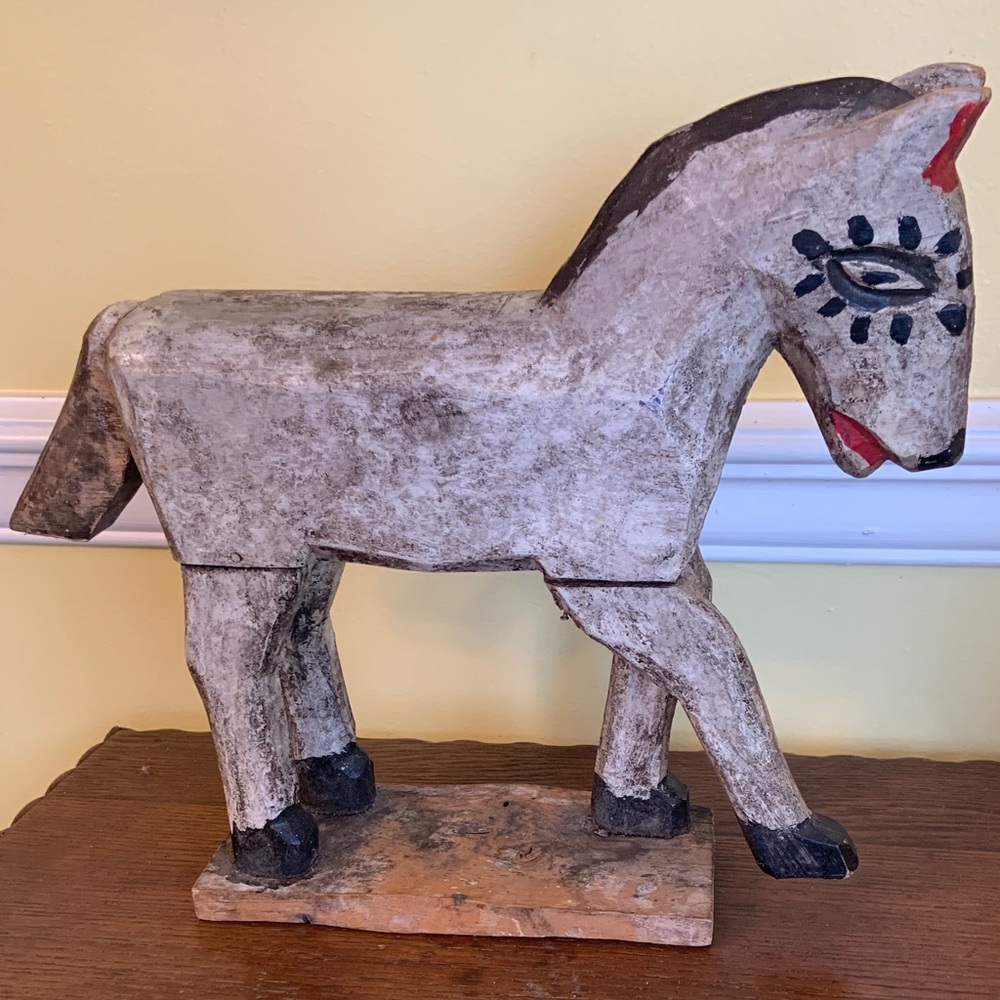 Primitive Folk Art Hand Carved and Painted Solid Wood Horse Sculpture